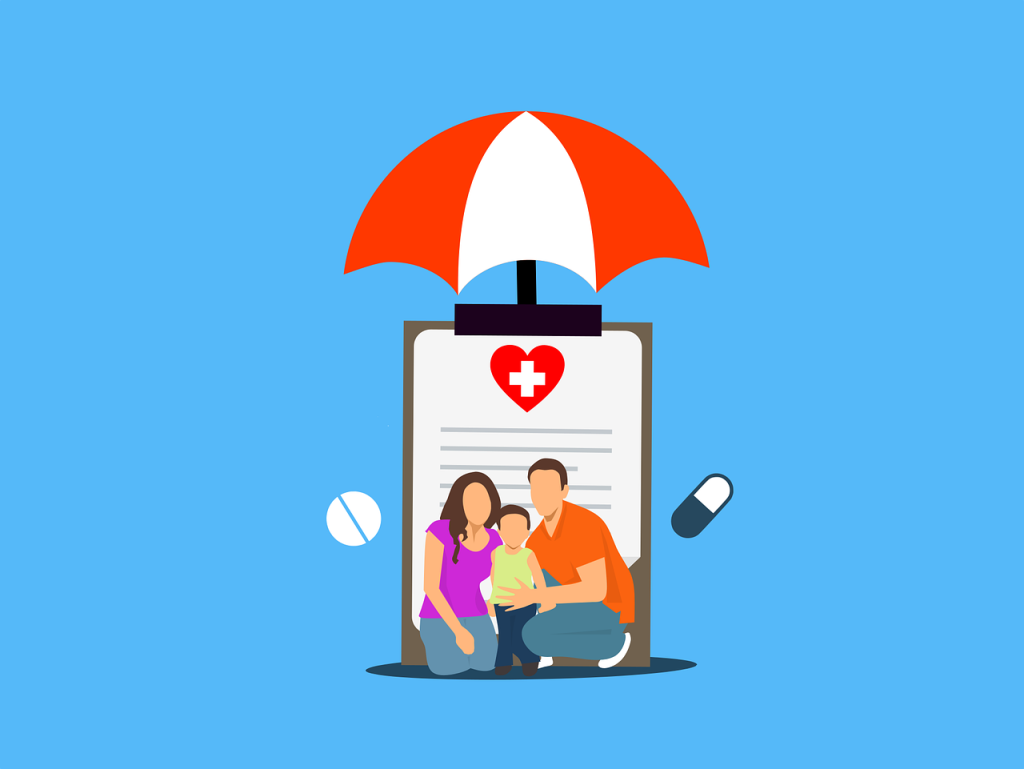 illustration showing a family under a healthcare umbrella