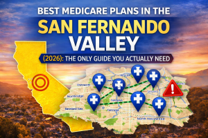Hero image showing a map of the San Fernando Valley with hospital icons, highlighting “Best Medicare Plans in the San Fernando Valley (2026)” and emphasizing local Medicare options for Valley seniors.