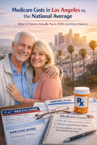 “Senior couple smiling with the Los Angeles skyline in the background, reviewing Medicare documents and prescription medication, illustrating Medicare costs in Los Angeles compared to the national average.”