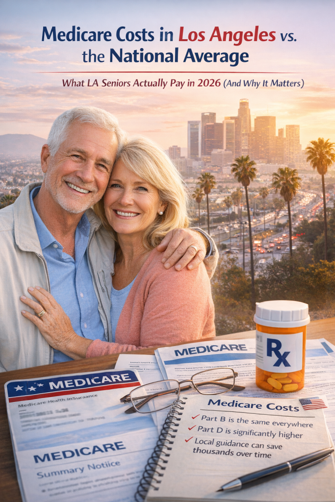 “Senior couple smiling with the Los Angeles skyline in the background, reviewing Medicare documents and prescription medication, illustrating Medicare costs in Los Angeles compared to the national average.”