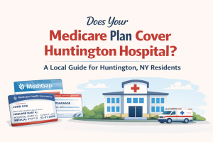 Illustration showing Huntington Hospital with a Medicare card and Medigap card, asking “Does Your Medicare Plan Cover Huntington Hospital?” to help Huntington, NY residents understand their Medicare coverage options.