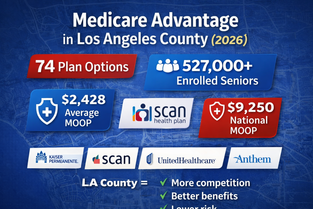 Medicare Advantage in Los Angeles County 2026 infographic showing 74 plan options, 527,000+ enrolled seniors, average MOOP of $2,428 versus the $9,250 national MOOP, with major carriers like Kaiser, SCAN, UnitedHealthcare, and Anthem.