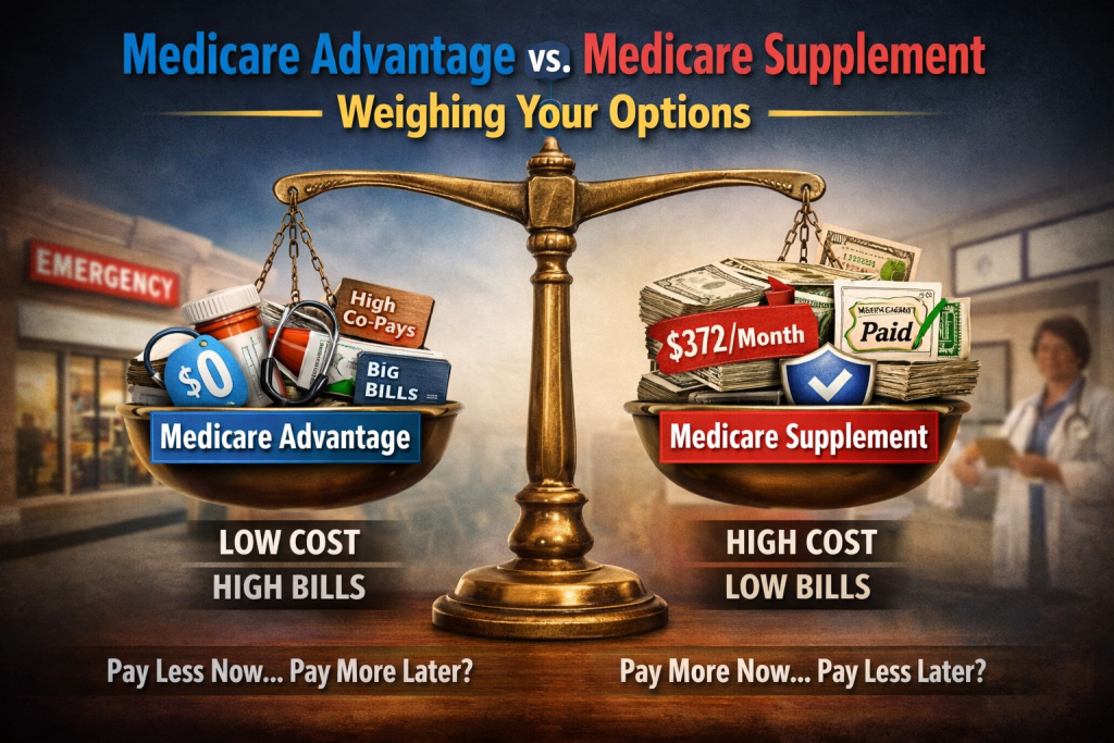 Visual titled “Medicare Advantage vs. Medicare Supplement – Weighing Your Options” showing a scale with Medicare Advantage on one side featuring $0 premiums, copays, and potential high bills, and Medicare Supplement on the other side showing higher monthly premiums but lower medical bills, highlighting cost trade-offs for New York Medicare consumers.