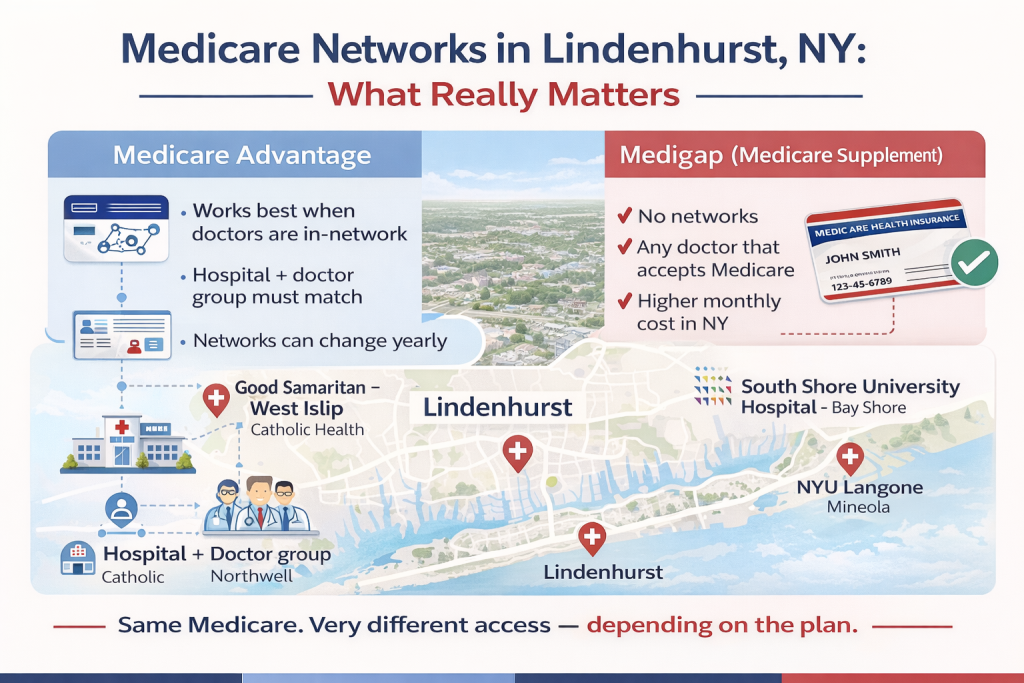 Infographic explaining Medicare networks in Lindenhurst, NY, comparing Medicare Advantage provider networks with Medigap coverage and showing local hospitals like Good Samaritan, South Shore University Hospital, and NYU Langone.