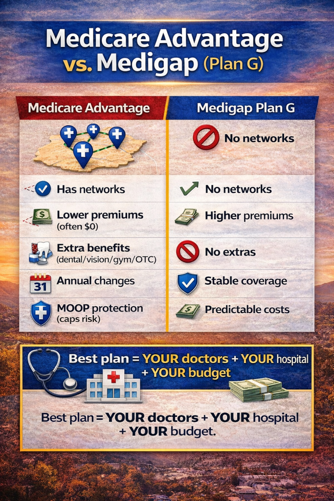 Side-by-side infographic comparing Medicare Advantage and Medigap Plan G, showing differences in provider networks, premiums, extra benefits, annual changes, and cost protection for San Fernando Valley seniors.