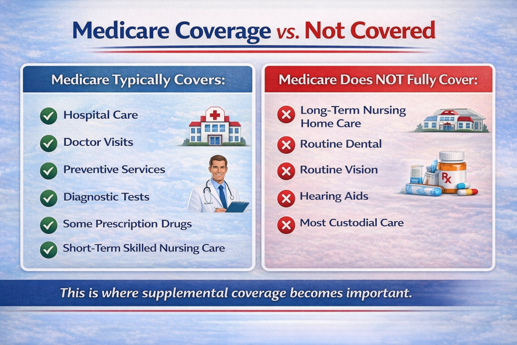 Infographic comparing what Medicare typically covers versus what it does not fully cover, including hospital care, doctor visits, preventive services, and diagnostic tests on the covered side, and long-term nursing home care, routine dental, vision, hearing aids, and custodial care on the not-covered side.