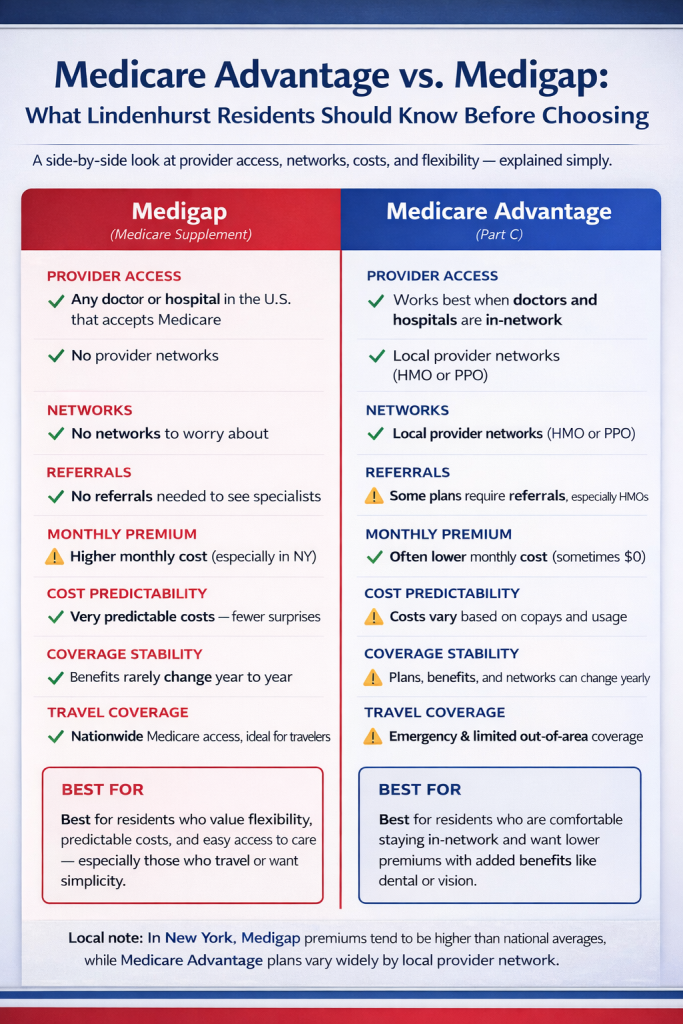 Comparison chart explaining the differences between Medicare Advantage and Medigap plans, including provider access, networks, costs, and travel coverage for Medicare beneficiaries in Lindenhurst, NY.