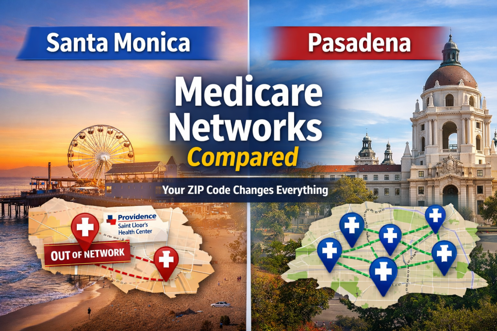 Split-screen image comparing Medicare networks in Santa Monica and Pasadena, showing limited hospital access in Santa Monica versus broader provider options in Pasadena for Medicare Advantage plans.