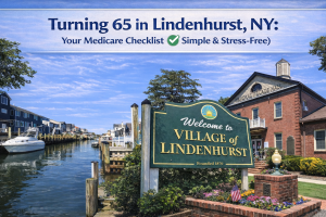Hero image showing the Village of Lindenhurst welcome sign, waterfront canal, and Village Hall with overlaid text introducing a guide for residents turning 65 in Lindenhurst, NY and preparing for Medicare.