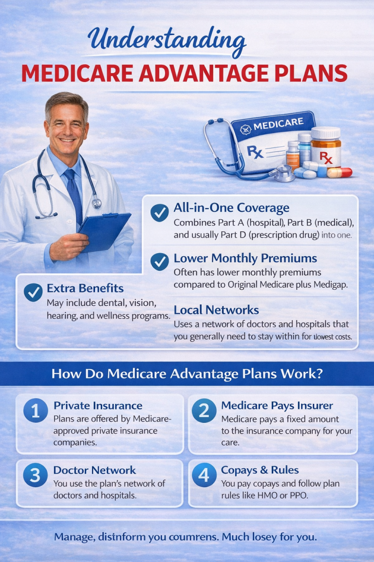 Infographic explaining Medicare Advantage plans, showing that they combine Part A, Part B, and usually Part D into one plan, often have lower monthly premiums, may include extra benefits like dental and vision, and use local doctor networks with copays and plan rules.