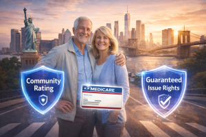“Senior couple standing in front of the New York City skyline with the Statue of Liberty and Brooklyn Bridge, alongside shield icons labeled Community Rating and Guaranteed Issue Rights and a Medicare card, illustrating New York’s Medicare consumer protections.”