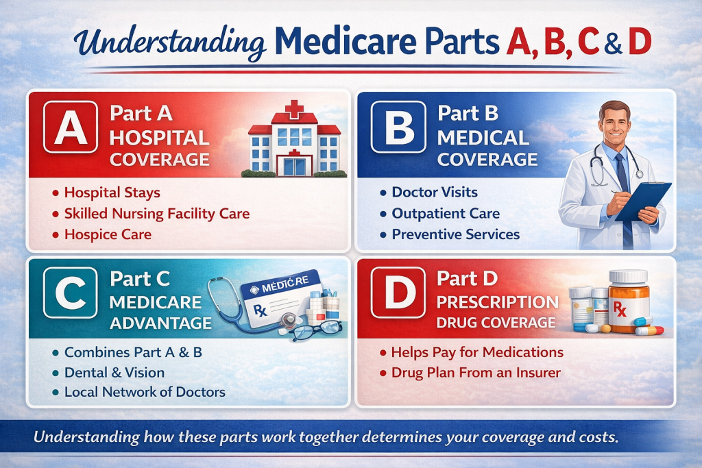 Educational infographic titled “Understanding Medicare Parts A, B, C & D” showing Part A for hospital stays and skilled nursing, Part B for doctor visits and outpatient care, Part C Medicare Advantage combining Parts A and B with extra benefits, and Part D for prescription drug coverage.