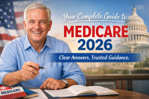 Smiling senior man sitting at a desk with Medicare books and paperwork, with the U.S. Capitol building in the background and the text “Your Complete Guide to Medicare 2026 – Clear Answers. Trusted Guidance.”