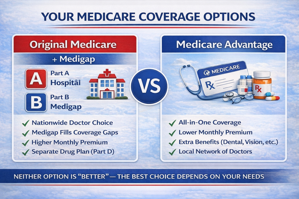 Infographic comparing Original Medicare with Medigap versus Medicare Advantage, showing differences in doctor choice, monthly premiums, extra benefits, prescription drug coverage, and provider networks.
