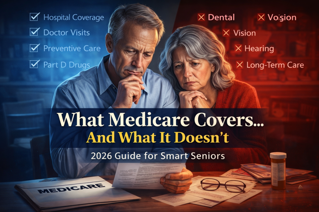 Older couple reviewing Medicare paperwork at their kitchen table with a dramatic split background showing what Medicare covers on one side and what it does not cover on the other, highlighting coverage gaps in 2026.