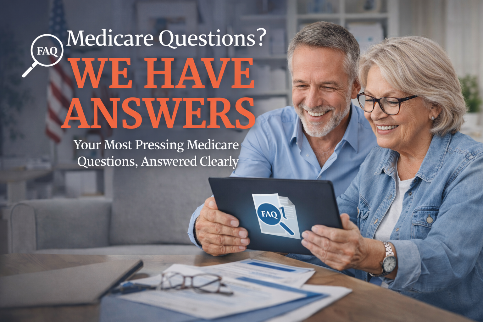 Middle-aged couple in their early 60s smiling while reviewing Medicare information on a tablet, representing a clear and trusted Medicare questions and answers resource.