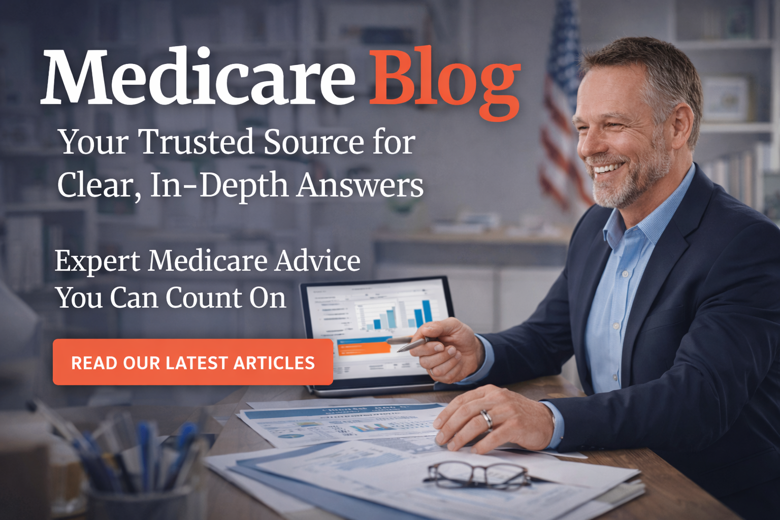 Medicare expert reviewing charts and writing educational content, representing trusted, in-depth Medicare guidance and blog resources for consumers.