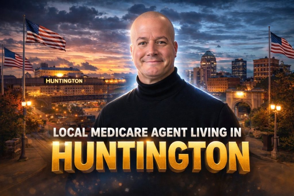 Local Medicare insurance agent Paul Barrett standing in front of a Huntington city skyline at sunset, representing trusted Medicare guidance for Huntington residents.