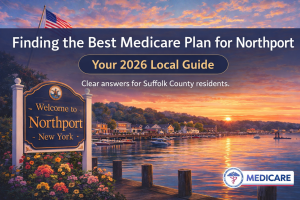 Best Medicare Plan in Northport NY 2026 guide featuring Northport Harbor at sunset and welcome sign, highlighting local Medicare options for Suffolk County residents.