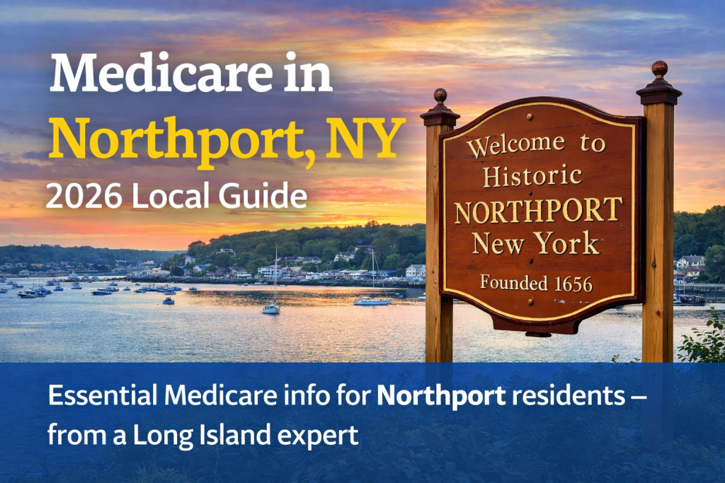 Medicare in Northport, NY 2026 local guide banner showing Northport Harbor at sunset with a “Welcome to Historic Northport New York” sign.