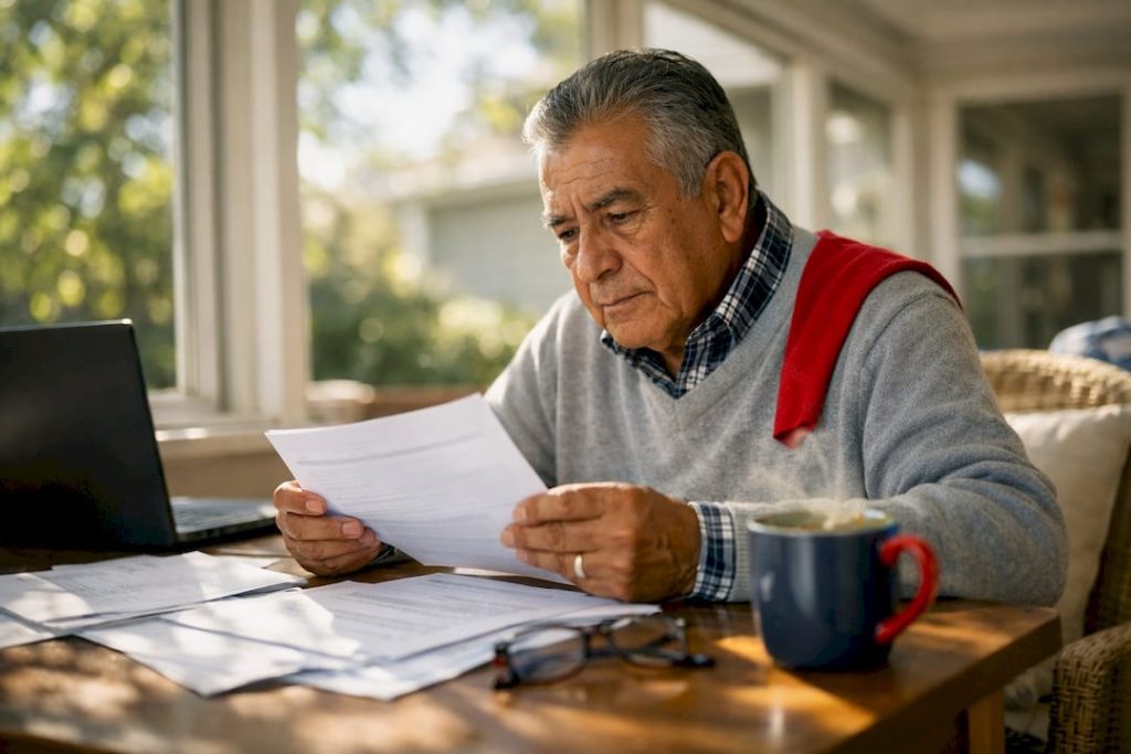 Elderly man reviewing Medicare paperwork at home