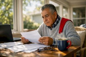 Elderly man reviewing Medicare paperwork at home