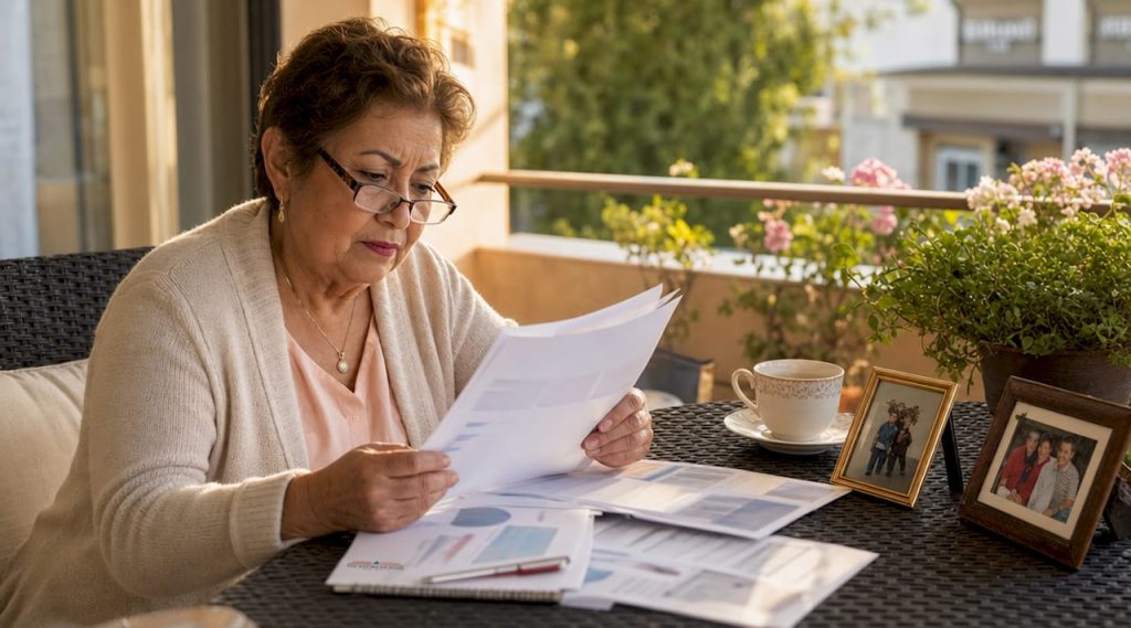 Senior woman reviewing dental insurance papers at table