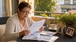Senior woman reviewing dental insurance papers at table