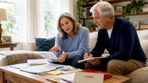 Couple studying Medicare materials at kitchen table