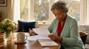 Senior woman reviewing Medicare documents