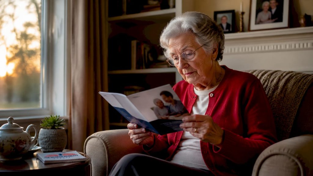 Senior woman reviewing Medicare hospice pamphlet