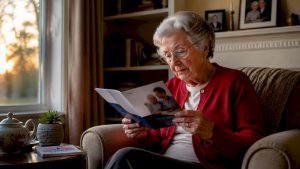 Senior woman reviewing Medicare hospice pamphlet