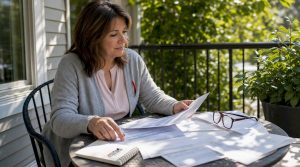 Woman reviewing Medicare paperwork at home