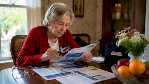Senior woman reviewing Medicare dental insurance brochures