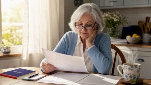 Senior woman reviewing Medicare Part A documents at kitchen table