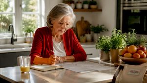 Senior woman reviewing Medicare denial paperwork