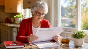 Senior woman reviewing Medicare plans at kitchen table