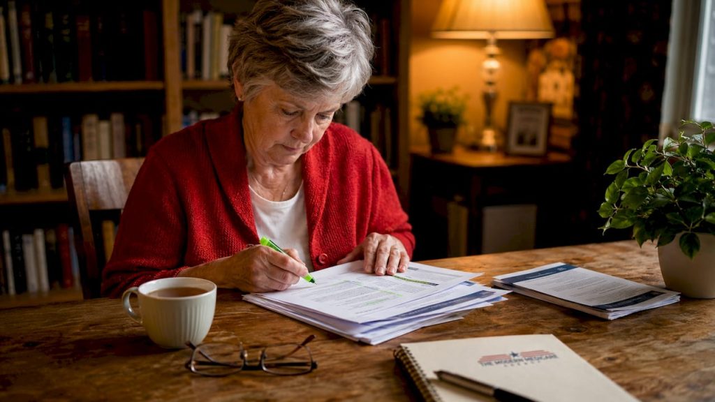 Senior woman reviewing Medicare Part B forms at kitchen table