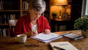 Senior woman reviewing Medicare Part B forms at kitchen table