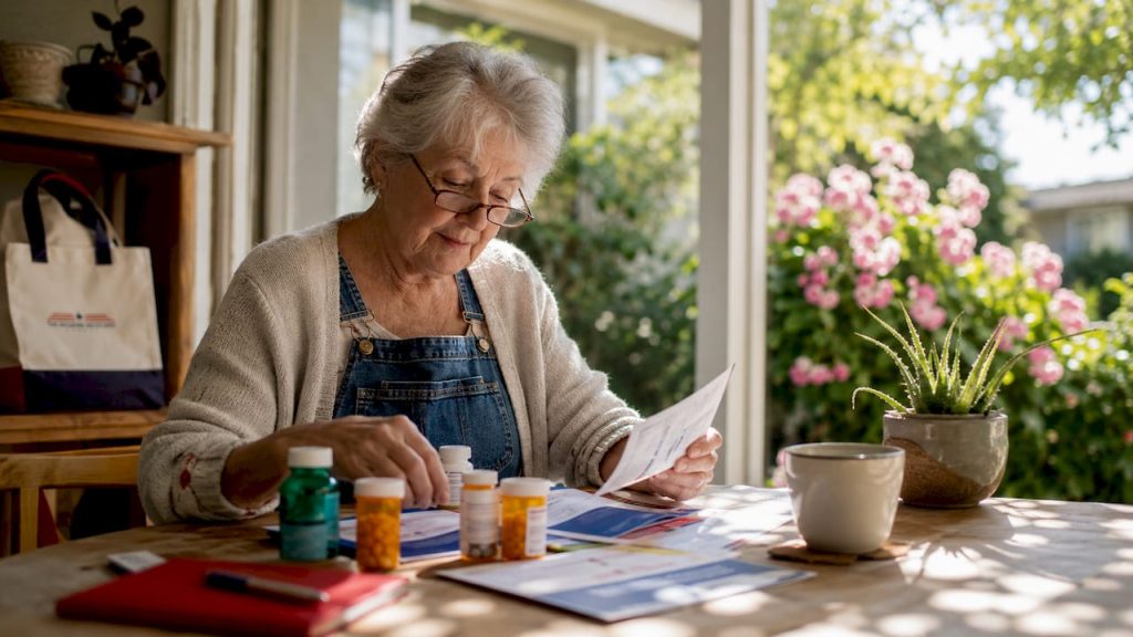 Senior woman reviewing Medicare drug coverage paperwork
