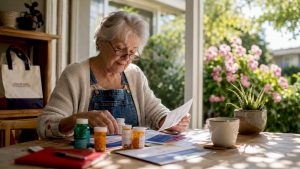 Senior woman reviewing Medicare drug coverage paperwork