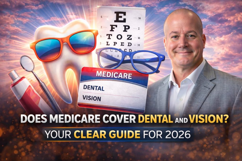 Medicare expert Paul Barrett with dental and vision icons, eyeglasses, and a tooth illustration explaining whether Medicare covers dental and vision benefits in 2026.