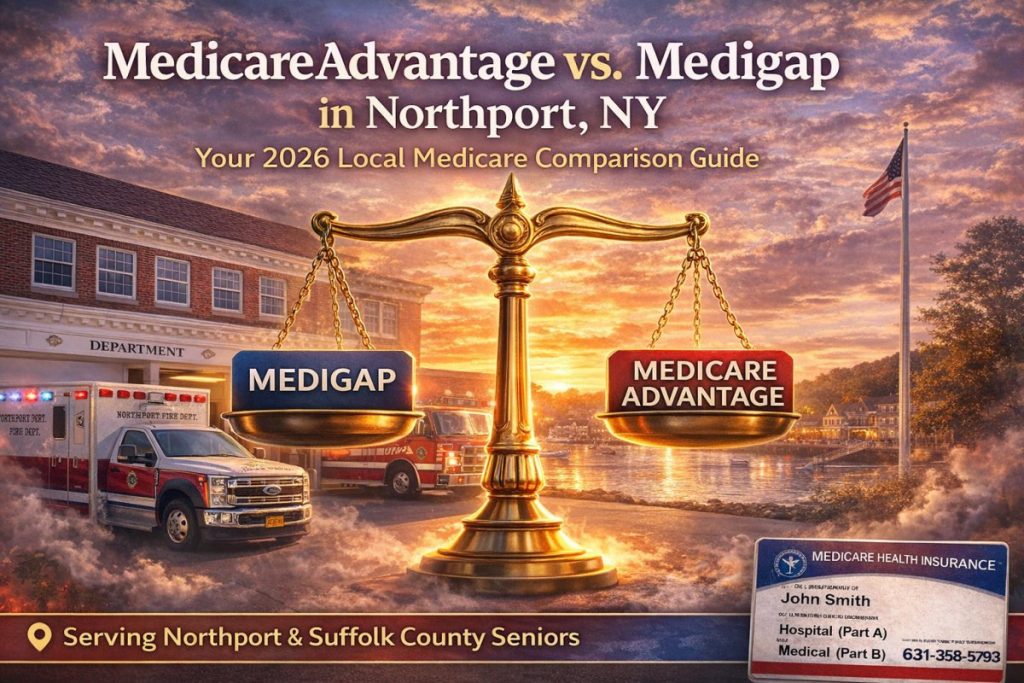 Medicare Advantage vs Medigap comparison in Northport NY featuring scales of justice with Northport Fire Department and harbor sunset representing local Medicare choices in 2026.