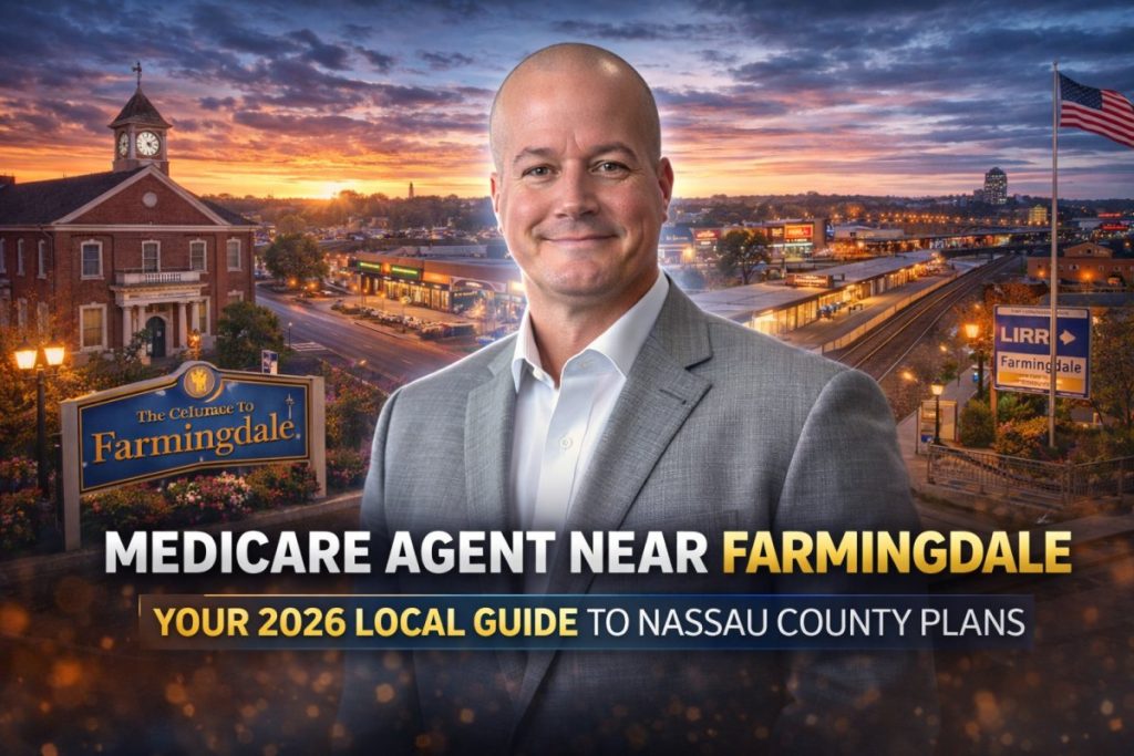 Local Medicare agent Paul Barrett standing in front of the Farmingdale, NY skyline and Long Island Rail Road station, representing trusted Medicare guidance for Nassau County residents in 2026.