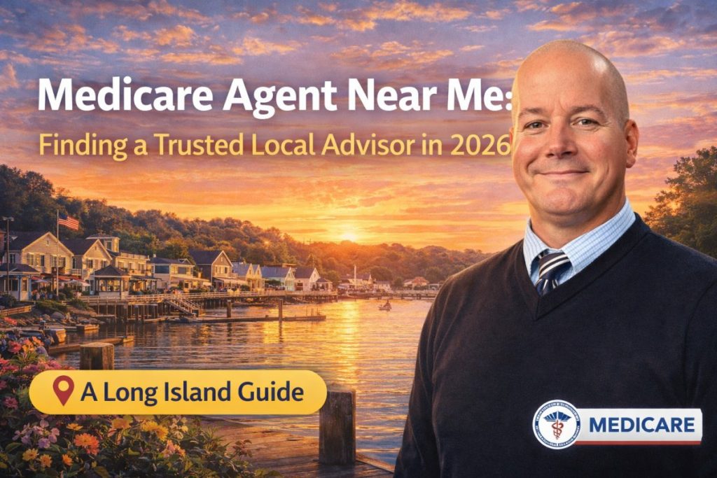 Medicare Agent Near Me 2026 Long Island guide featuring local advisor standing by Northport Harbor at sunset, highlighting trusted Medicare help for seniors.