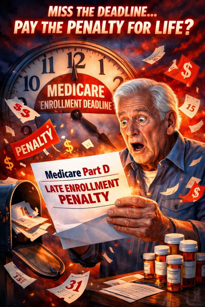 Dramatic illustration of a senior opening a letter about the Medicare Part D late enrollment penalty with a ticking Medicare enrollment deadline clock, floating dollar signs, and prescription bottles symbolizing the lifelong cost of missing Medicare Part D enrollment.