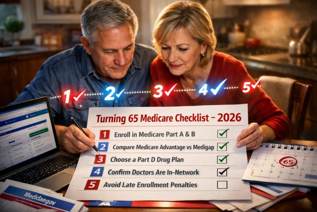 Couple turning 65 reviewing a Medicare enrollment checklist with laptop, calendar, and paperwork while planning their 2026 Medicare coverage options.