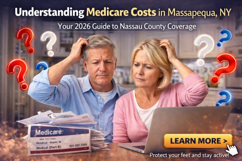 Couple in their mid-60s sitting at a kitchen table in Massapequa, NY reviewing Medicare mail and laptop while trying to understand Medicare costs for 2026.