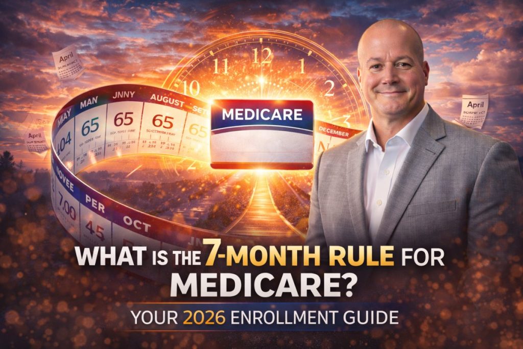Medicare expert Paul Barrett explaining the 7-month Medicare enrollment window with a glowing calendar timeline and Medicare card, illustrating the Initial Enrollment Period for people turning 65 in 2026.