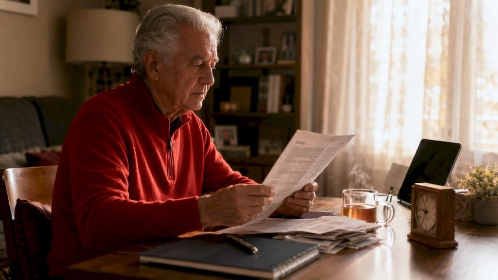 Elderly man reviewing Medicare bills at table